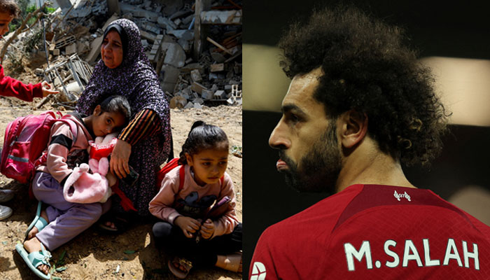 A Palestinian woman, Fatima Bashir, and her granddaughters sit beside the remains of their house which was destroyed in Israeli air strikes and Egyptian Football star Mohamed Salah.—Reuters