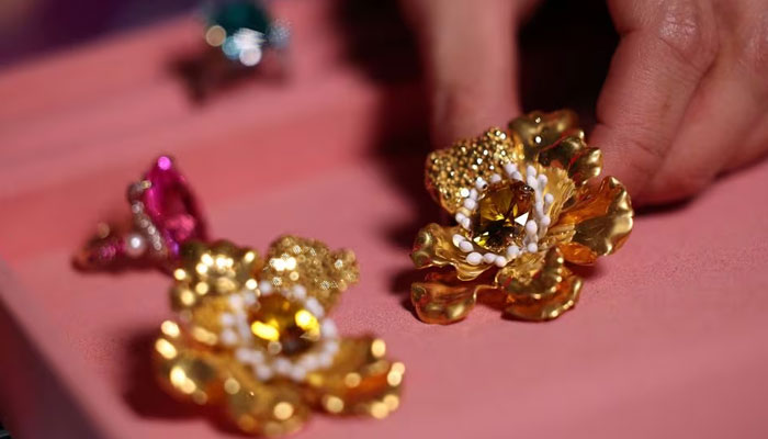 Jewellery produced from recycled and refined aluminium and sustainable lab-grown gemstones by jeweller Anabela Chan are displayed in her boutique in London, Britain, December 13, 2023. —Reuters