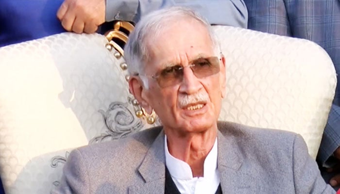 Pakistan Tehreek-e-Insaf Parliamentarian (PTI-P) chief Pervez Khattak speaking to media in Peshawar in this still taken from a video on December 25, 2023. — Geo News