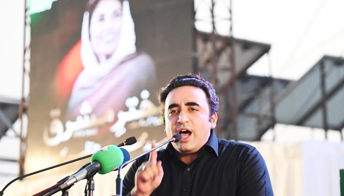 PPP Chairman Bilawal Bhutto Zardari speaking to a party gathering marking the 16th death anniversary of Benazir Bhutto on December 27, 2023. — X/@MediaCellPPP