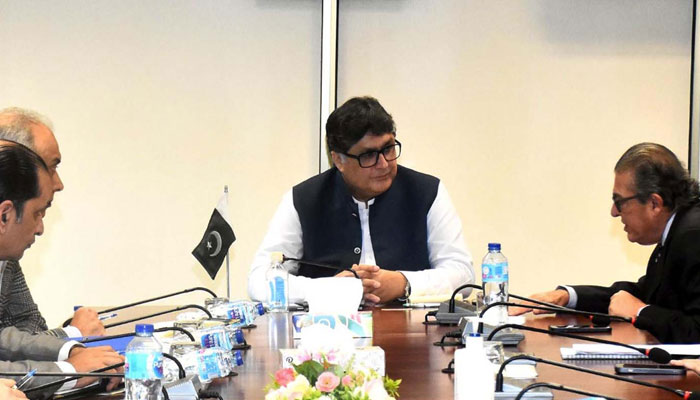 Federal Minister for Privatisation Fawad Hasan Fawad chairs a meeting with FA on FWBL, in Islamabad on Friday, November 3, 2023. — PPI