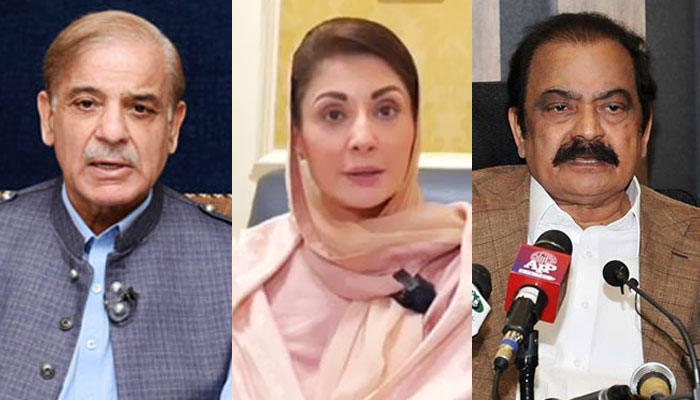 (From left to right) PML-N leaders Shehbaz Sharif, Maryam Nawaz and Rana Sanaullah. — APP/X/ @abubakarumer/YouTube/Geo News/File