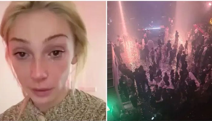 Left, a tearful Anastasia Ivleeva apologizing in a video. Right, a view of the December 20 party she hosted that caused a massive backlash in Russia.—Reuters