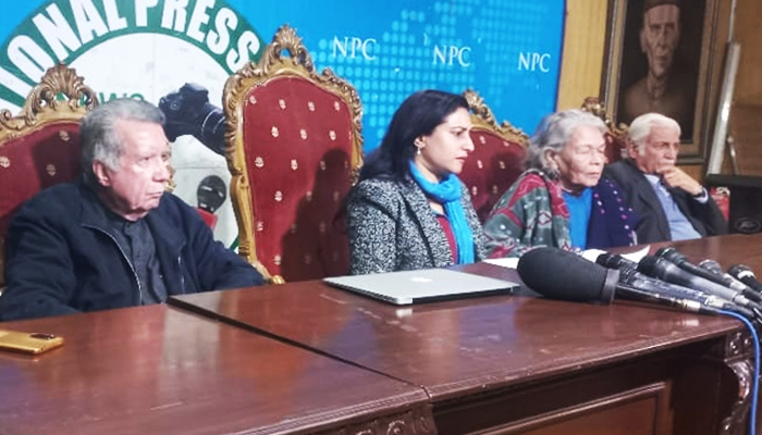 HRCP Co-char Munizae Jahangir (second from left) speaks during a press conference in Islamabad, on January 1, 2024. — X/@HRCP87