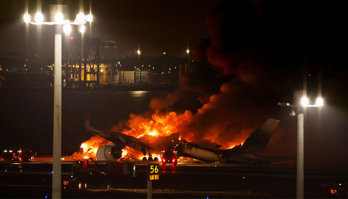 Japan Airlines A350 airplane is on fire at Haneda international airport in Tokyo, Japan January 2, 2024. — Reuters