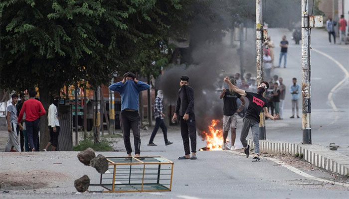 Kashmiri residents protest against the Indian security forces during restrictions after the scrapping of the regions special constitutional status in Srinagar, Kashmir, on August 10, 2019. —  Reuters