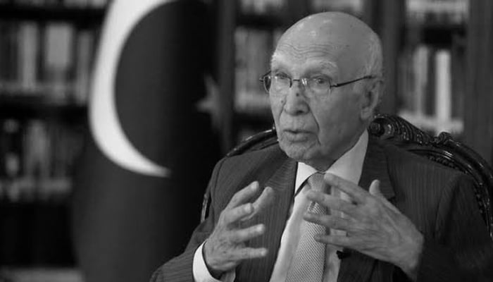 Sartaj Aziz speaks during a news conference at the Foreign Ministry in Islamabad. — AFP/File