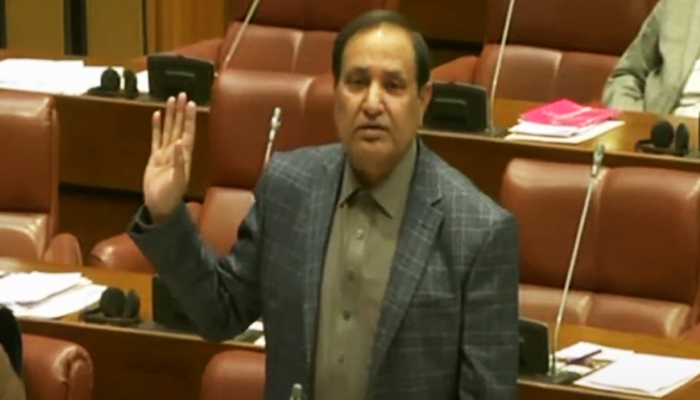 Independent lawmaker Senator Dilawar Khan speaks during the session of the upper house of the parliament in Islamabad, on January 5, 2023, in this still taken from a video. — YouTube/SenateofPakistanOfficial