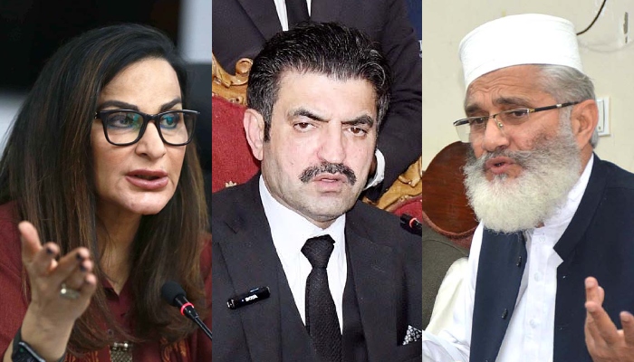 From left to right: PPP Senator Sherry Rehman, PTI leader Sher Afzal Marwat and JI chief Sirajul Haq. — APP, INP, NNI/File