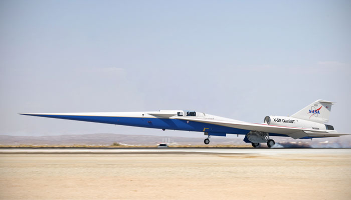 An illustration of the X-59 X-59 Quiet SuperSonic Technology plane landing on a runway. — Lockheed Martin