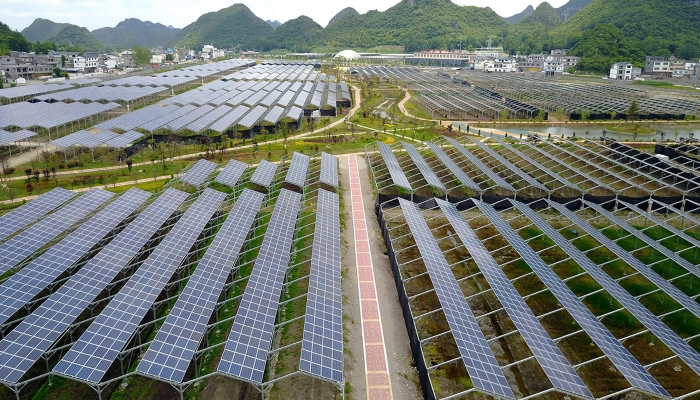 This picture, taken on June 10, 2017, shows greenhouses built with solar panels on their roofs, in Yang Fang village in Anlong, in Chinas southwest Guizhou province. —AFP