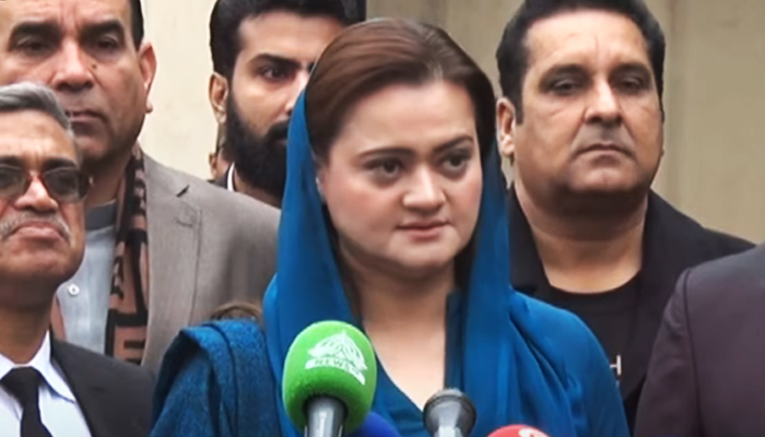 PML-N Information Secretary Marriyum Aurangzeb addressing the media after appearing before an anti-terrorism court, on January 6, 2023, in this still taken from a video. — Geo News