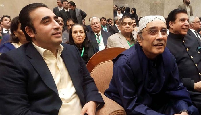 PPP Chairman Bilawal Bhutto-Zardari (left) and Co-Chairman Asif Ali Zardari attend live streaming of proceedings on a presidential reference on former premier Zulfikar Ali Bhutto, at the SC building in Islamabad on Tuesday, December 12, 2023. — PPI