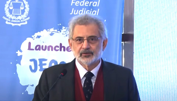 CJP Qazi Faez Isa addressing ceremony for launch of the Federal Judicial Academys e-campus in Islamabad on January 6, 2024 in this still taken from a video. — PTVNews/File