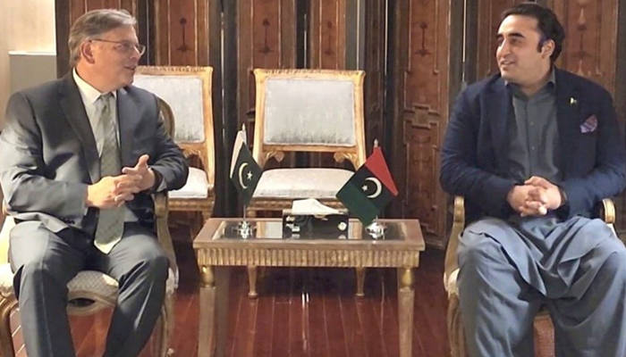 US Ambassador to Pakistan Donald Blome (left) meets Pakistan Peoples Party (PPP) Chairman Bilawal Bhutto-Zardari in Islamabad, on January 8, 2024. — PPP