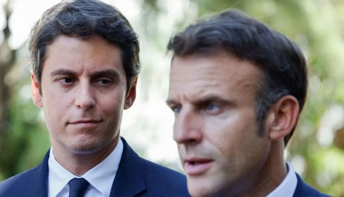 Gabriel Attal (L) has the task of leading the government into European Parliament elections in June.—AFP