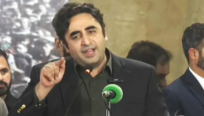 Pakistan Peoples Party Chairman Bilawal Bhutto-Zardari addressing a rally in Lahore, on January 10, 2024, in this still taken from a video. — YouTube/GeoNews