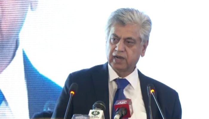Federal Minister for Information Murtaza Solangi is addressing a seminar related to general elections 2024 in Islamabad on January 11, 2024. —Screengrab/ PTV