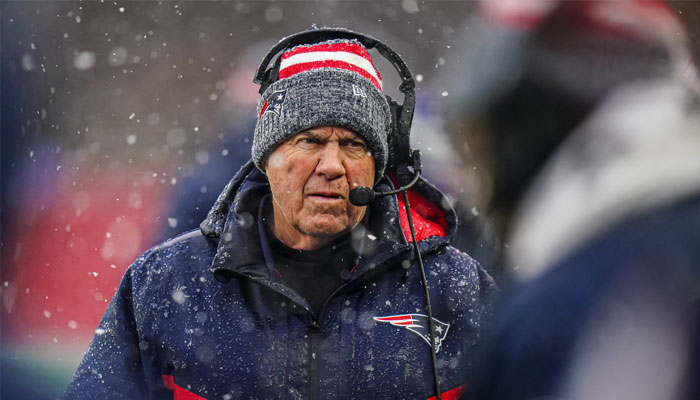 Jan 7, 2024; Foxborough, Massachusetts, USA; New England Patriots head coach Bill Belichick watches from the sideline as they take on the New York Jets at Gillette Stadium. —USA TODAY