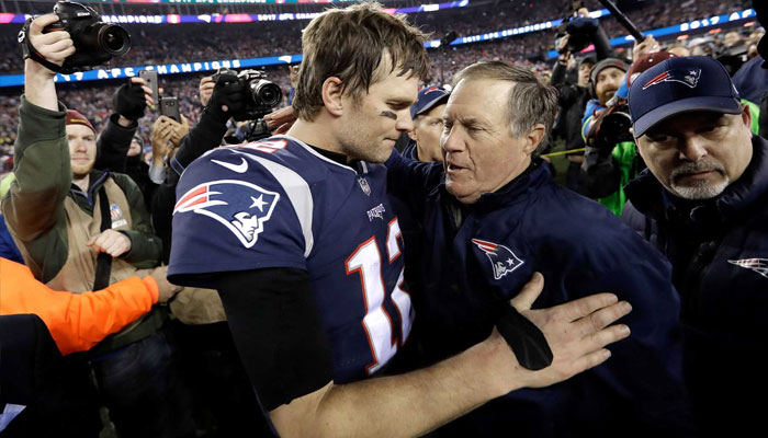 Tom Brady and Bill Belichick after an England Patriots game.—WCVB/file