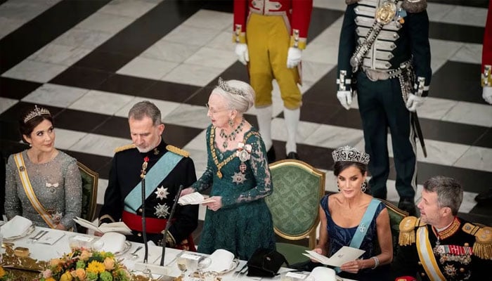 ]Queen Margaret of Denmark delivers a speech alongside Danish Crown Princess Mary, King Philip of Spain, Queen Letizia of Spain and Danish Crown Prince Frederik during the State Banquet at Christiansborg Castle in Copenhagen, Denmark, on November 6, 2023. –Reuters