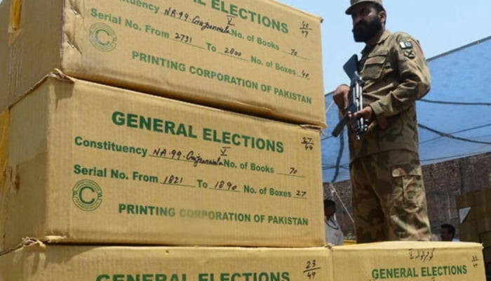 A Pakistan Army soldier is guarding election material ahead of the May 11, 2013 polls in this undated picture. —AFP/ File