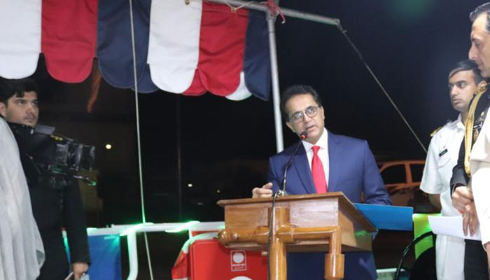 Pakistans Ambassador to Iran Mudassir Tipu speaking at an event welcoming Pakistani naval ships at the Iranian port of Bandar Abbas on January 14, 2024. — X/@MuhammadMu85183