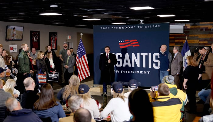 Republican presidential candidate Florida Governor Ron DeSantis speaks at a campaign stop at Pub 52 on January 15, 2024 in Sergeant Bluff, Iowa. — AFP