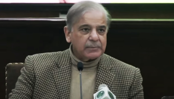 PML-N President Shehbaz Sharif speaks to reporters in Lahore, on January 14, 2023, in this still taken from a video. — Geo News