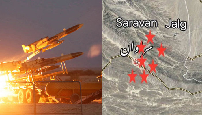 A handout picture provided by the Iranian Army media office on October 4, 2023 shows locally-made drones (left) and the area where Pakistan conducted retaliatory strikes in Iran on January 18, 2024. — AFP/Geo News