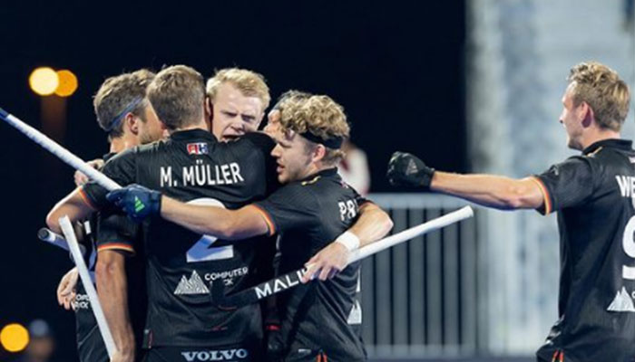 German hockey team players celebrating during Olympics qualifier match against Pakistan in Muscat, Oman, on January 20, 2024. — Instagram/dhb_hockey