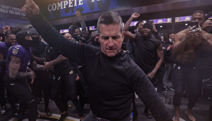 Baltimore Ravens coach John Harbaugh breaks out dance moves in the locker after a big win over Houston Texans during the AFC championship Divisional Round on January 20, 2024. — X/@Ravens