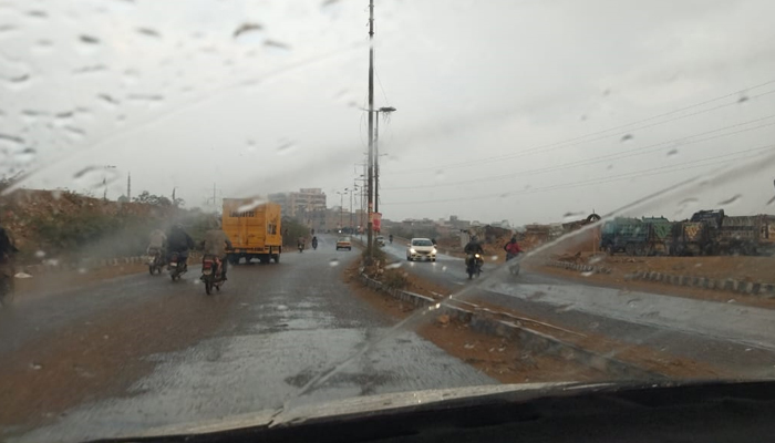 This image shows water droplets on a cars windshield in Karachis Korangi area amid rain in the different areas of the provincial capital on January 22, 2024. — Geo.tv