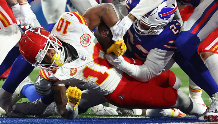 Kansas City Chiefs running back Isiah Pacheco (10) rushes for a touchdown against the Buffalo Bills during the second half for the 2024 AFC divisional round game at Highmark Stadium, Orchard Park, New York, US on January 21, 2024. — Reuters