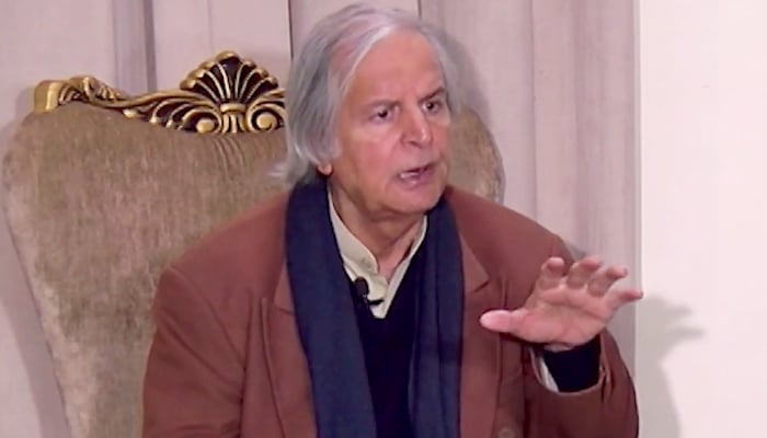 Senior politician Javed Hashmi addressing a press conference in Multan, on January 22, 2024, in this still taken from a video. — X