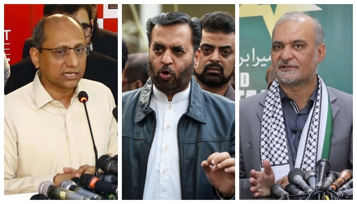 (From left to right): PPP Karachi President Saeed Ghani, MQM-P Senior Deputy Convener Mustafa Kamal, and JI Karachi Emir Hafiz Naeem-ur-Rehman. — PPI/AFP/Facebook/@Khijamaat/File