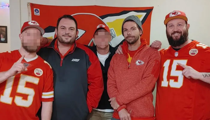 David Harrington, (left), Clayton McGeeney, (second from right), and Ricky Johnson, (right) pose in their Kansas City Chiefs jerseys. — Facebook/Ricky Johnson