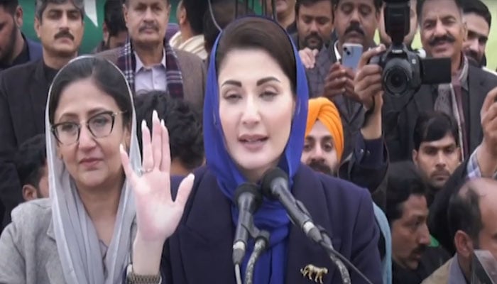 PML-N Senior Vice-President Maryam Nawaz addressing the political gathering at Nankana Sahib on January 24, 2024 — Screengrab/YouTube/Geo News