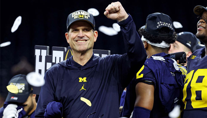 Michigan Wolverines ex-head coach Jim Harbaugh celebrates after beating the Washington Huskies in the 2024 College Football Playoff national championship game at NRG Stadium in Houston, Texas, US on January 8, 2024. — Reuters