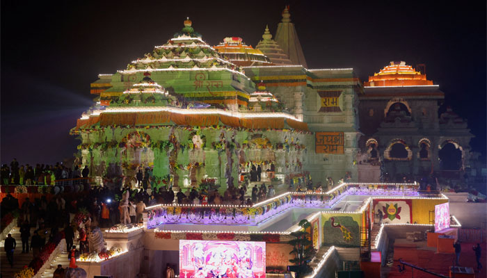 Hindu devotees gather near the Lord Ram temple after its inauguration, in Ayodhya, India, January 22, 2024. — Reuters