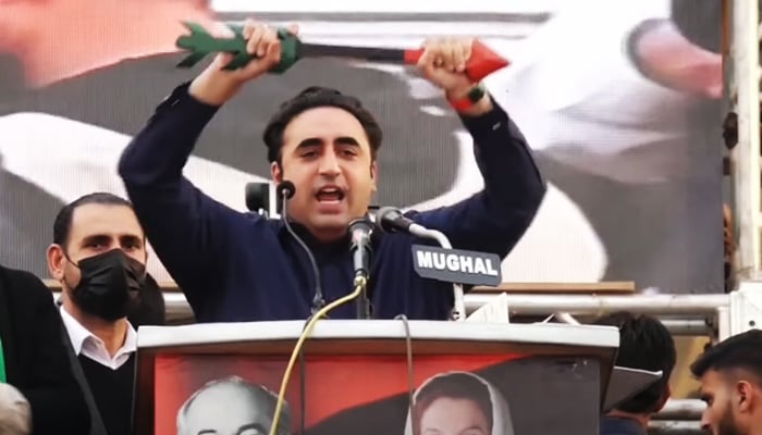 PPP Chairman Bilawal Bhutto-Zardari addressing a rally in Rawalpindi on January 28, 2024, in this image taken from video.  — YouTube/GeoNews