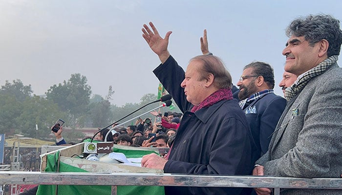 PML-N supremo Nawaz Sharif addresses the election rally in Haroonabad town, Punjabs Bahawalnagar district on January 30, 2024. — X/@pmln_org