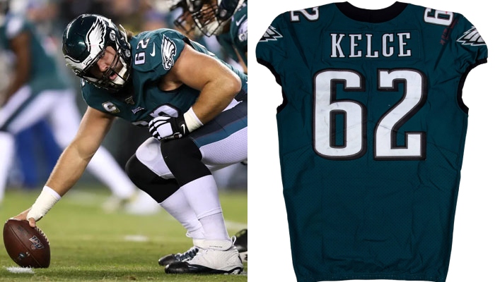 This combination of images shows Philadelphia Eagles centre Jason Kelce in his position during the game against New England Patriots at Lincoln Financial Field in Philadelphia, US on November 17, 2019, and his jersey that was sold for $17,507 at auction. — Philadelphia Eagles, Goldin Auctions