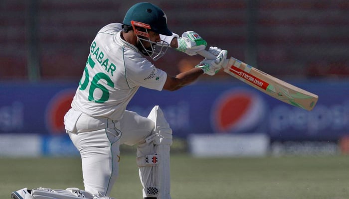 Pakistans former skipper Babar Azam plays a shot during a Test match in this undated image. — Reuters/File
