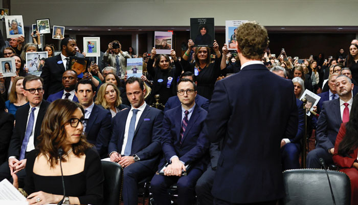 Metas CEO Mark Zuckerberg stands and faces the audience as he testifies during the Senate Judiciary Committee hearing on online child sexual exploitation at the US Capitol in Washington, US, January 31, 2024. — Reuters