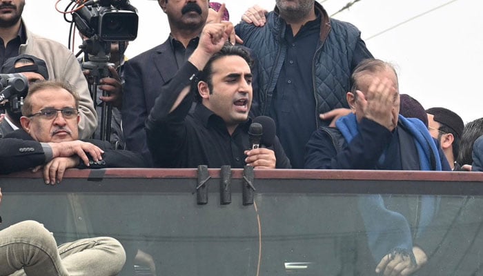 Pakistan Peoples Party (PPP) Chairman Bilawal Bhutto-Zardari addresses a public rally in Shikarpur on February 2, 2024. — X/@MediaCellPPP