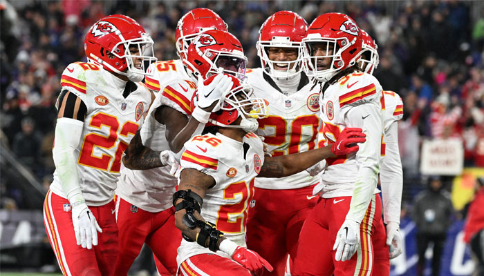 Kansas City Chiefs safety Deon Bush (26) celebrates with teammates after intercepting a pass in the end zone in the second half against the Baltimore Ravens in the AFC Championship football game at M and T Bank Stadium in Baltimore, Maryland, US on January 28, 2024. — Reuters