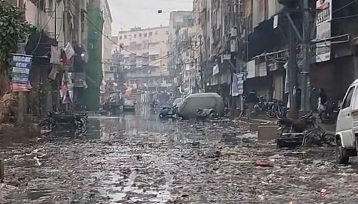 A view of Karachi shows a street submerged by rainwater on February 4, 2024. — X/@mugheesali81