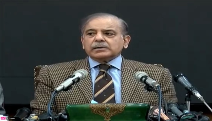 Pakistan Muslim League-Nawaz (PMLN) Vice President Shehbaz Sharif is addressing a press conference in Lahore on February 4, 2024. — PML-N/ screengrab