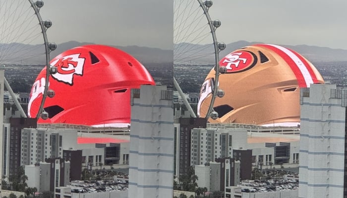 Las Vegas Sphere displays Chiefs-49ers helmet designs ahead of Super Bowl